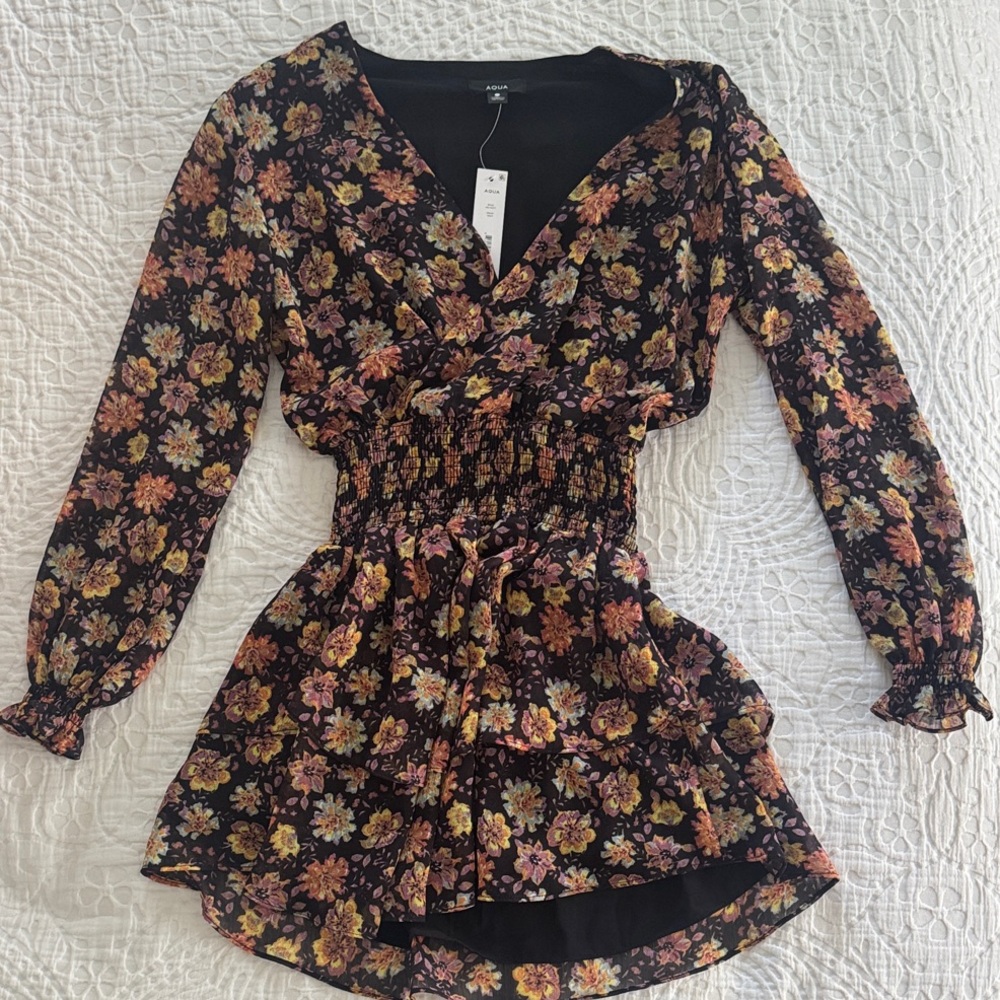 Aqua Floral Smocked Black Top
